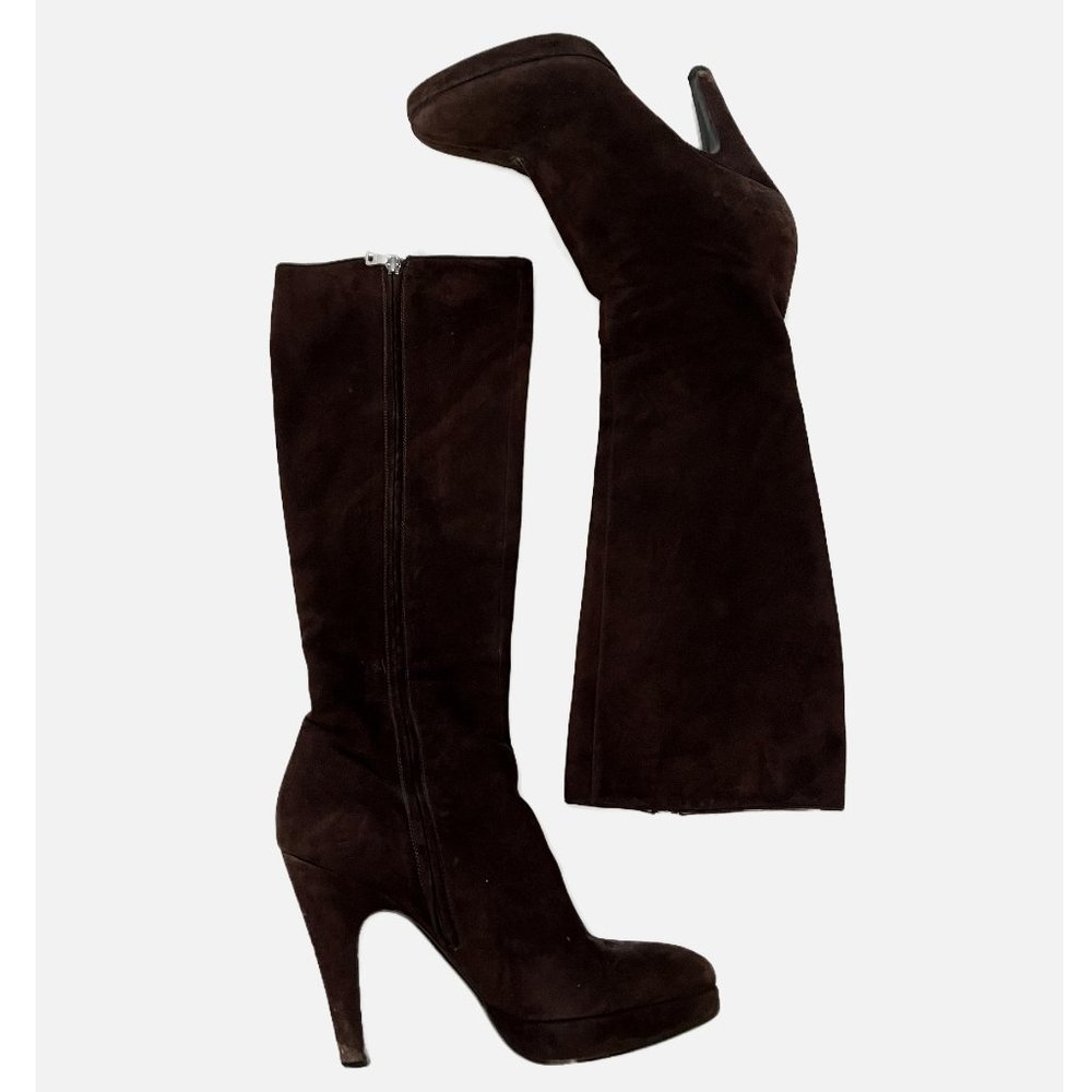 Prada Dark Brown Suede Knee-High Heeled Boots